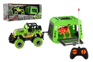 Auto RC s vlekem s dinosaurem plast 28cm na baterie 27mHz se světlem, zvukem v krabici 35x14x11cm