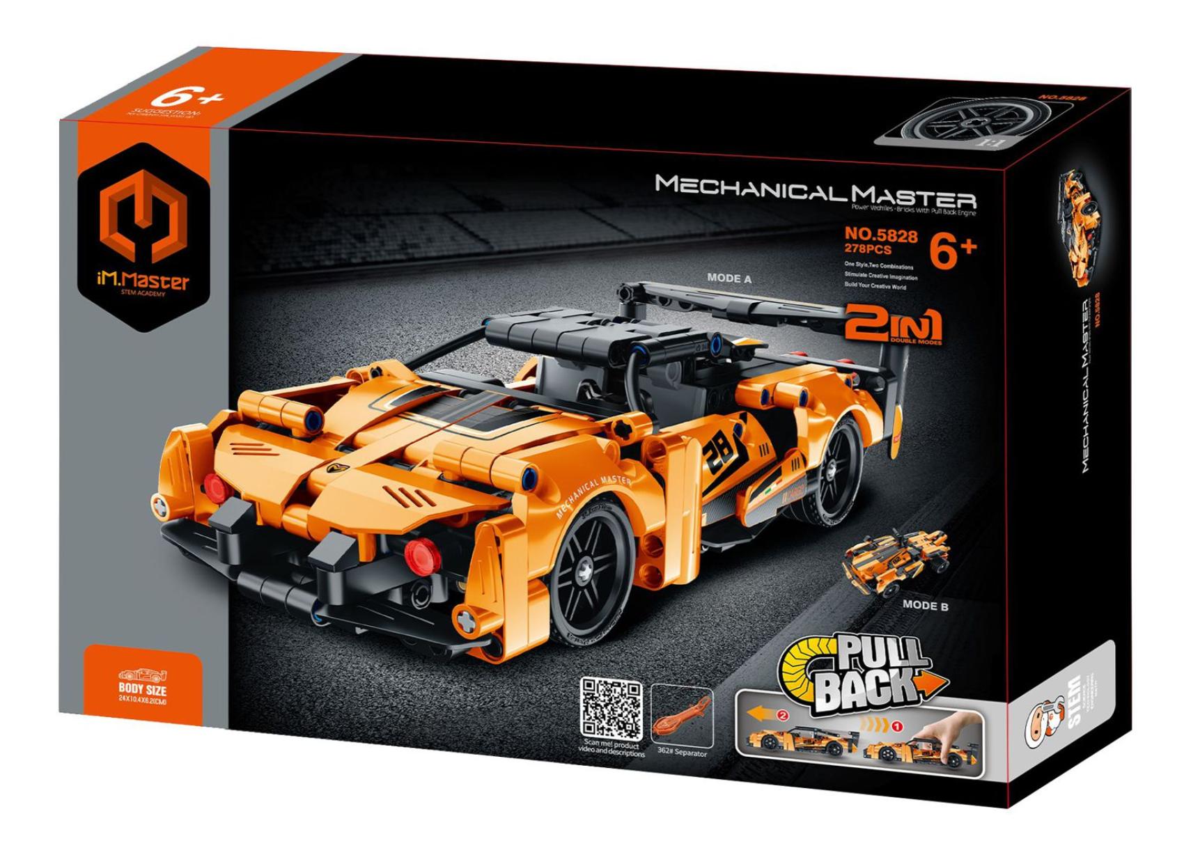 Stavebnice iM.MASTER 2v1 auto na zpětné natažení plast 278 dílků oranžové v krabici 29x20x6cm