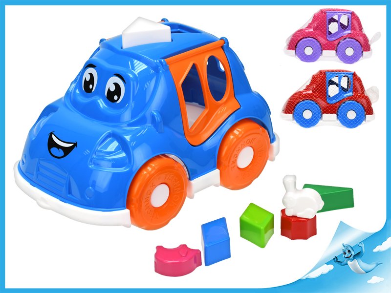 Auto/vkládačka 25,5cm 2v1 geometrické tvary a zvířátka 3barvy 12m+ v síťce