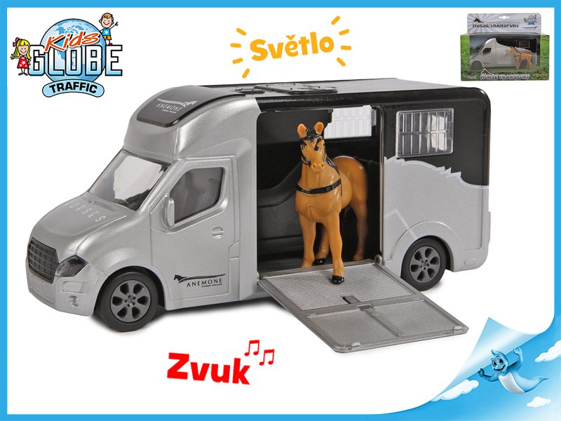 Auto přepravní 20cm na setrvačník kov na baterie se světlem a zvukem s koněm v krabičce