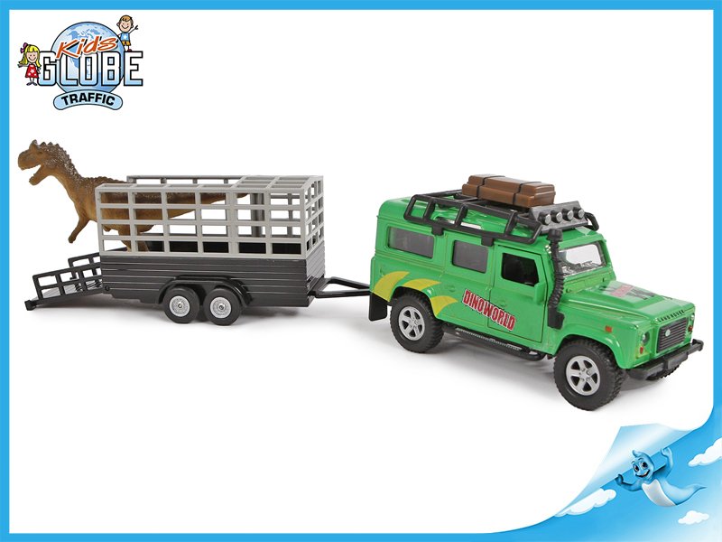 Land Rover 28cm kov na zpětný chod s přívěsem a dinosaurem v krabičce