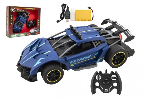 Auto RC závodní vypouštějící páru plast 30cm 2,4GHz na bat. + dobíjecí pack v krabici 43x35x12cm