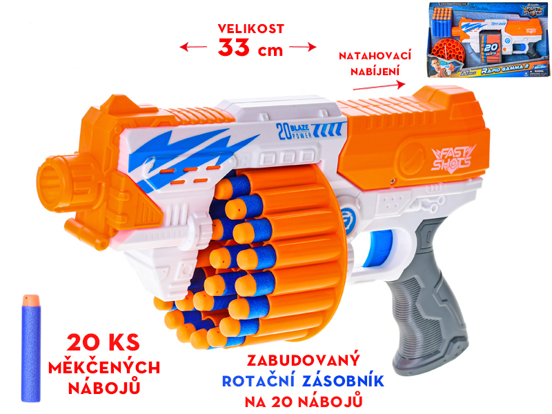 Pistole 33cm se zásobníkem pěnových nábojů 20ks 8+ v krabičce