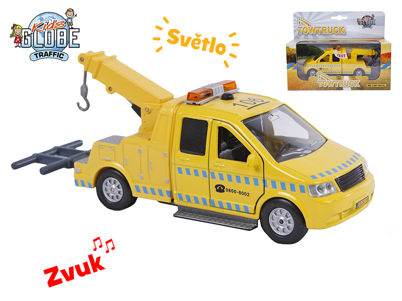 Kids Globe Traffic odtahový vůz 16cm kov zpětný chod na baterie se světlem a zvukem v krabičce