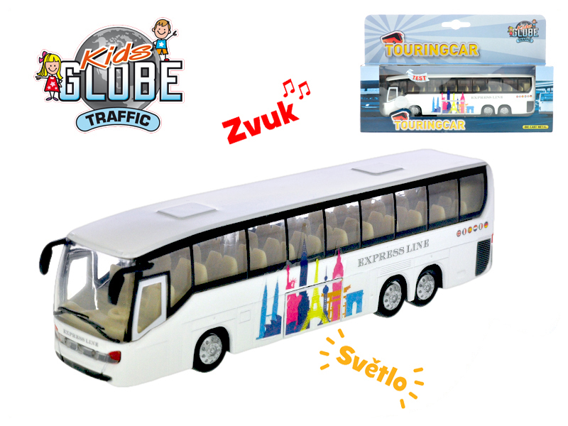 Kids Globe Traffic autobus 19cm kov na zpětný chod na baterie se světlem a zvukem v krabičce