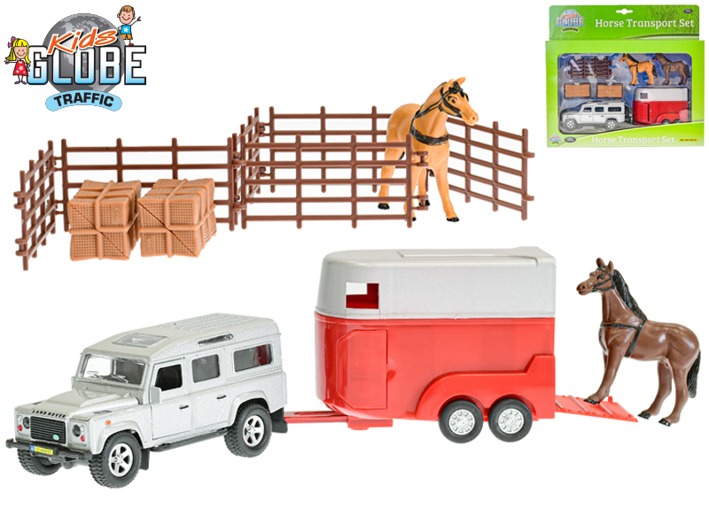 Kids Globe Traffic Land Rover 14,5cm kov na zpětný kov s přívěsem pro koně v krabičce
