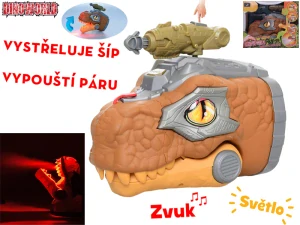  Dinoworld dinosaurus hlava 17cm na baterie chrlící páru se světlem a zvukem v krabičce