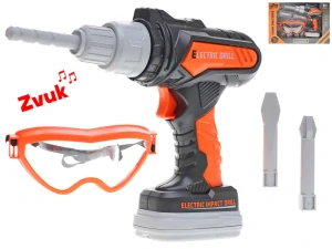  Vrtačka příklepová 20cm na baterie se zvukem + ochranné brýle 14,5cm a 2 vrtáky v krabičce