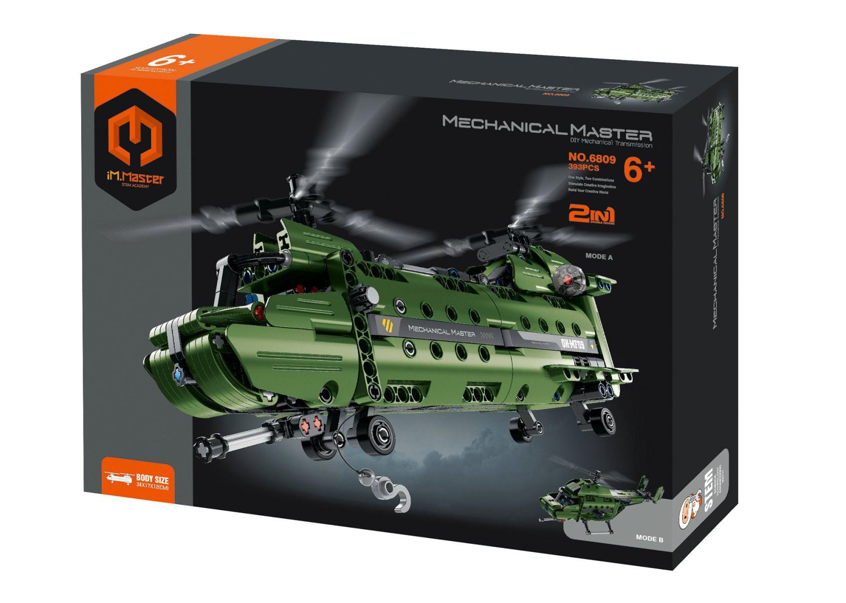 Stavebnice iM.MASTER 2v1 vrtulník s mechanickým pohonem plast 393 dílků v krabici 31x23x7cm