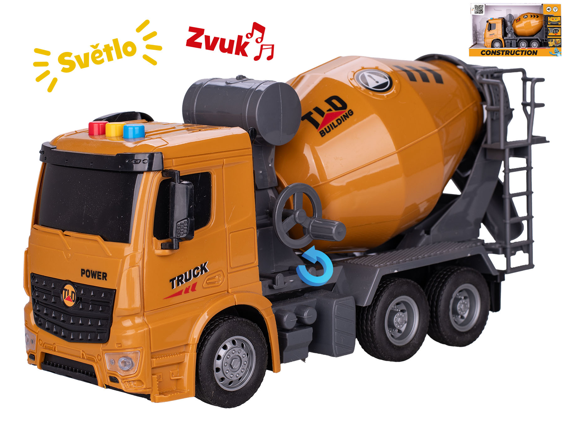 Auto stavební domíchávač 27cm na setrvačník na baterie se světlem a zvukem v krabičce