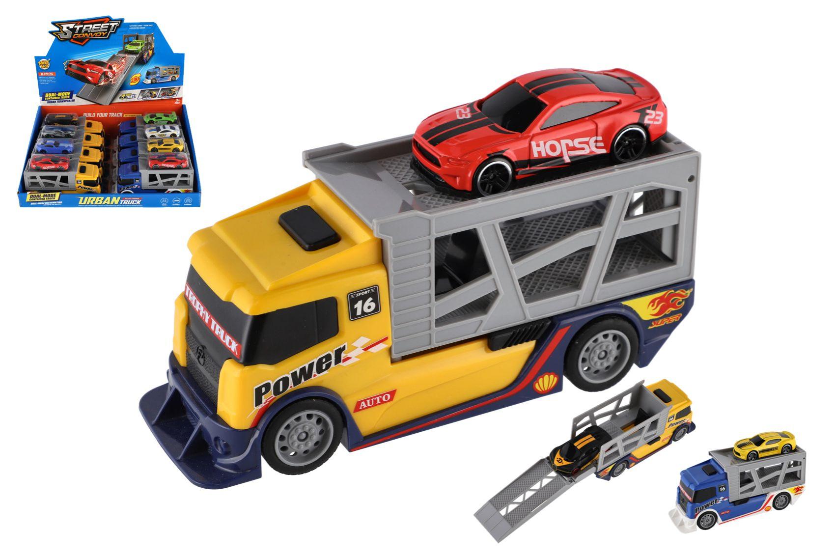 Auto kamion přepravník + auto plast 15cm na volný chod 2 barvy 8ks v boxu
