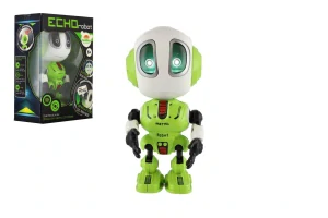 26500163 * Robot ECHO opakující věty kovový 12cm zelený na baterie se zvukem, světlem v krabičce 10,5x15x5,5cm