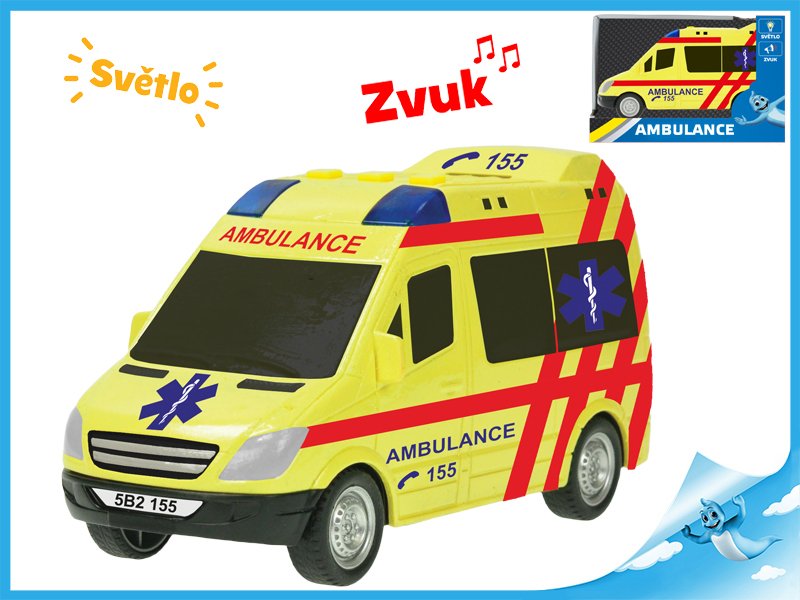 Auto ambulance 18cm na setrvačník na baterie se světlem a zvukem v krabičce